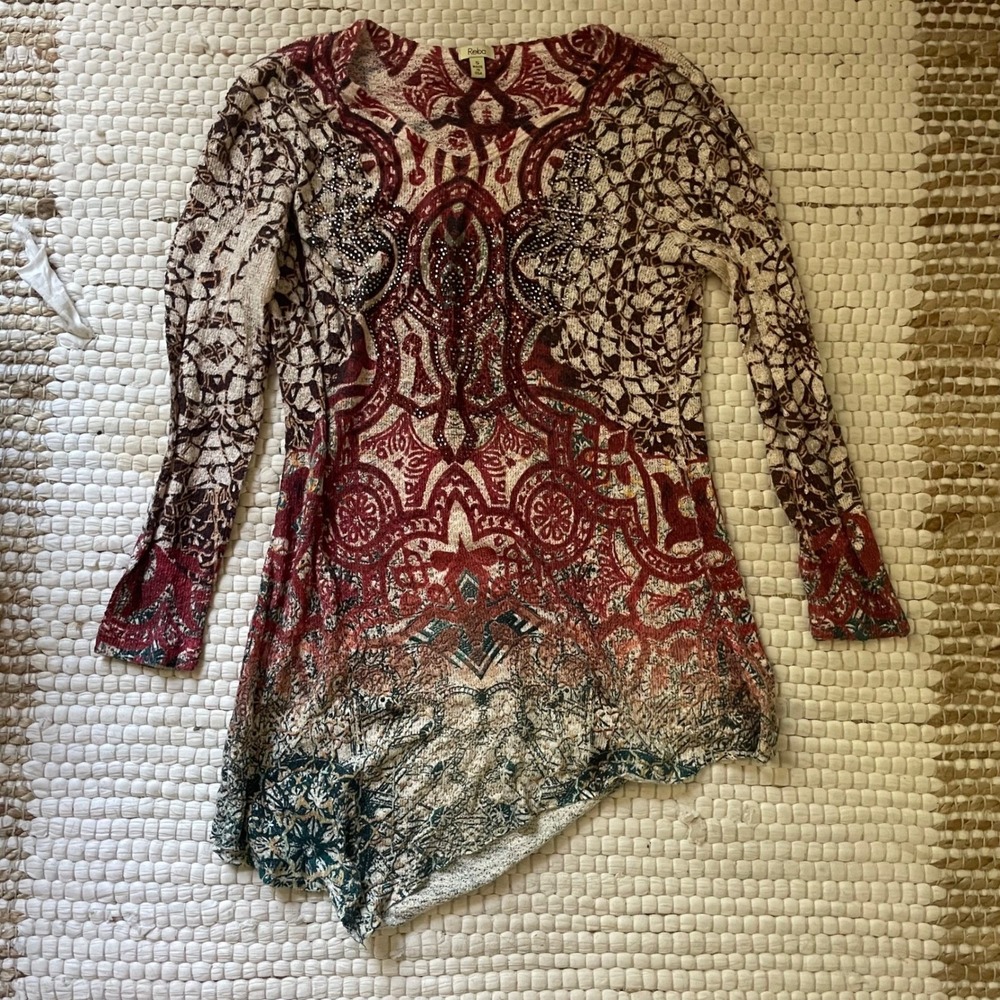 Reba Womens Small Red Boho Embellished Asymmetrical Long Sleeve Tunic Top USA‎